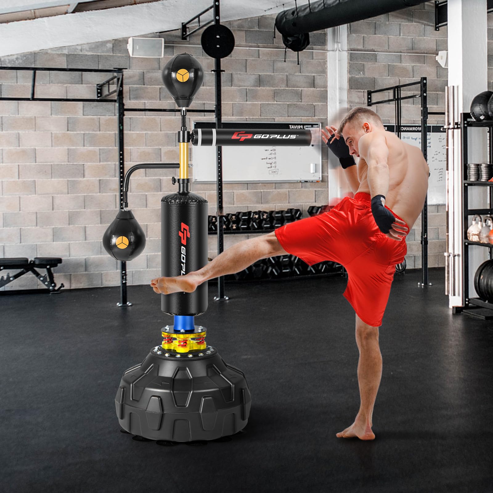 Goplus Freestanding Boxing Speed Trainer - 360° Spinning Punching Bag with 2 Reflex Speed Balls, Shock Absorbers & Fillable Base | Height Adjustable Boxing Equipment for Teens & Adults | Perfect for Home Gym, Boxing Training & Fitness Workouts
