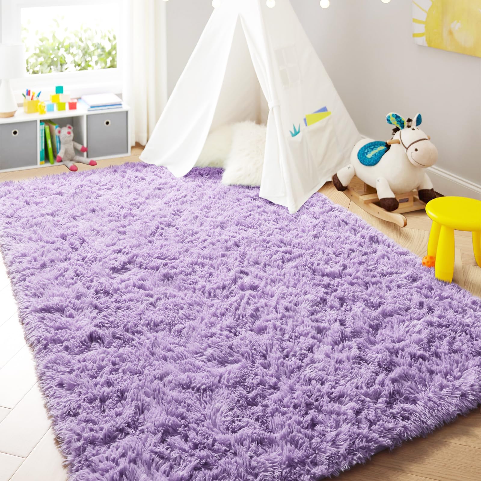 PAGISOFE Fluffy Soft Purple Shag Rug 4' x 6' - Ultra Plush Shaggy Carpet for Bedroom, Living Room, Nursery | Furry Area Rug for Girls Room, Princess Decor, Christmas Home Decoration | Cozy Floor Mat for Teens Room, Bedside, Kids Play Area