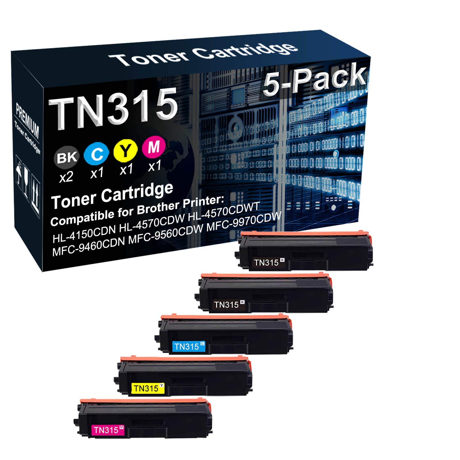 5-Pack (2BK+C+Y+M) High Capacity TN315 Compatible Toner Cartridge for Brother HL-4570CDWT, MFC-9460CDN, MFC-9560CDW Printers - Replacement for TN315BK, TN315C, TN315Y, TN315M - Ideal for Office & Home Printing Needs