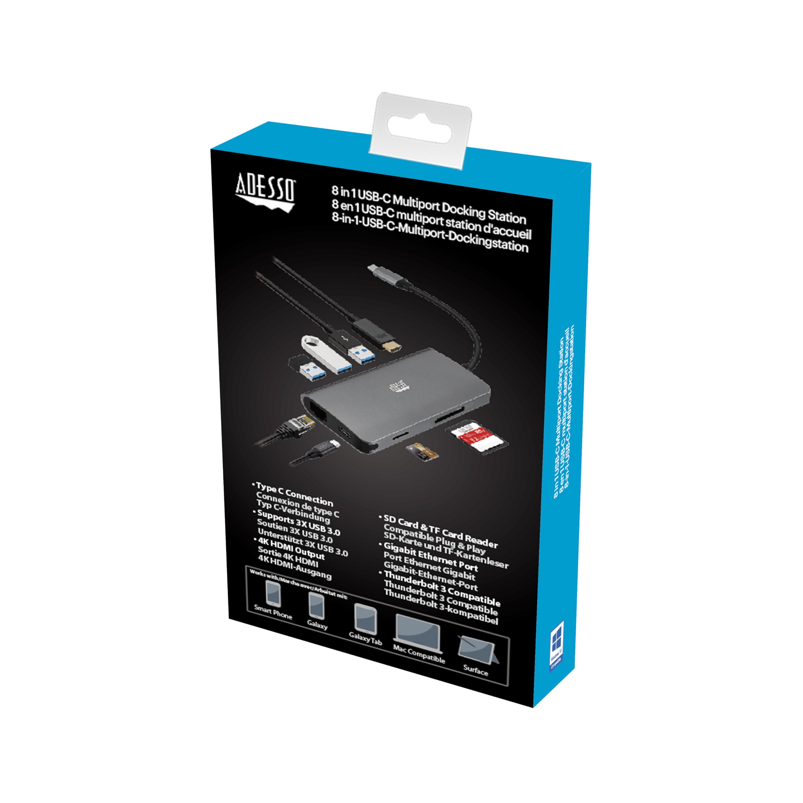 Adesso 8-in-1 USB-C Multiport Docking Station with HDMI, USB 3.0, Ethernet & SD Card Reader - Perfect for Home Office, Gaming & MacBook Pro Accessories