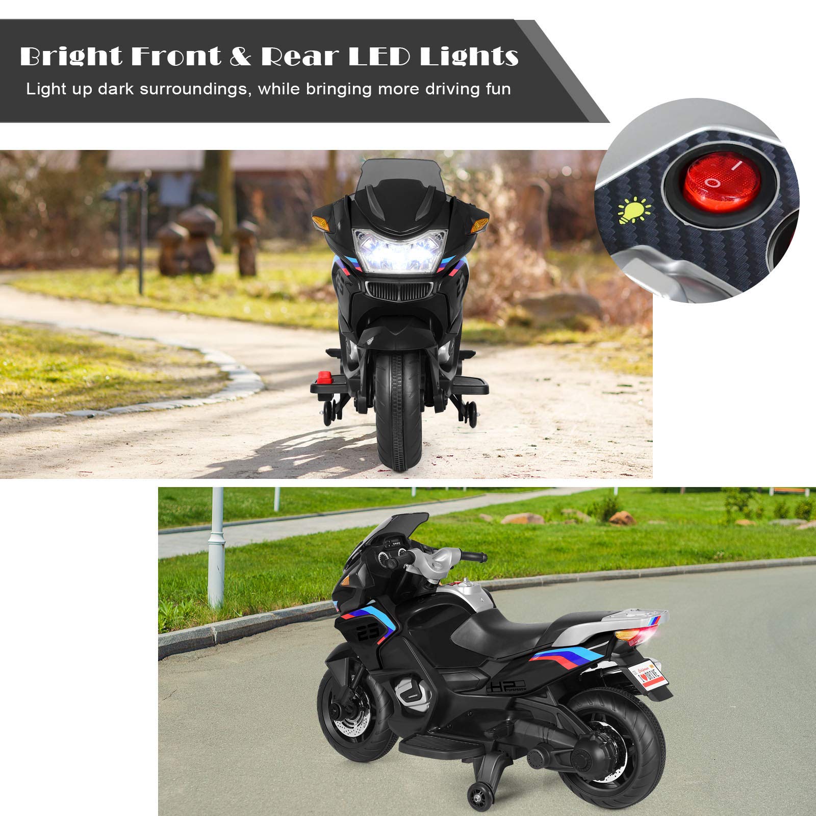 Costzon 12V Electric Kids Ride On Motorcycle with Training Wheels, LED Lights & Music - Battery Powered Toy Motorcycle for Boys & Girls, Forward/Reverse with Pedal - Perfect Birthday Gift for Toddlers (Black) | Outdoor Play, Backyard Fun, Preschool Learning Toy