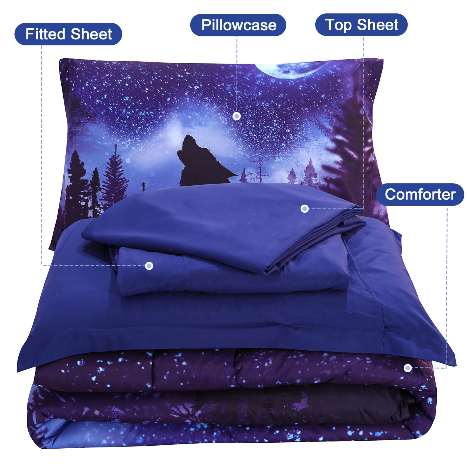 Wolf Comforter Set Queen 5-Piece Blue Bedding for Kids | Boys & Girls Bedroom Decor