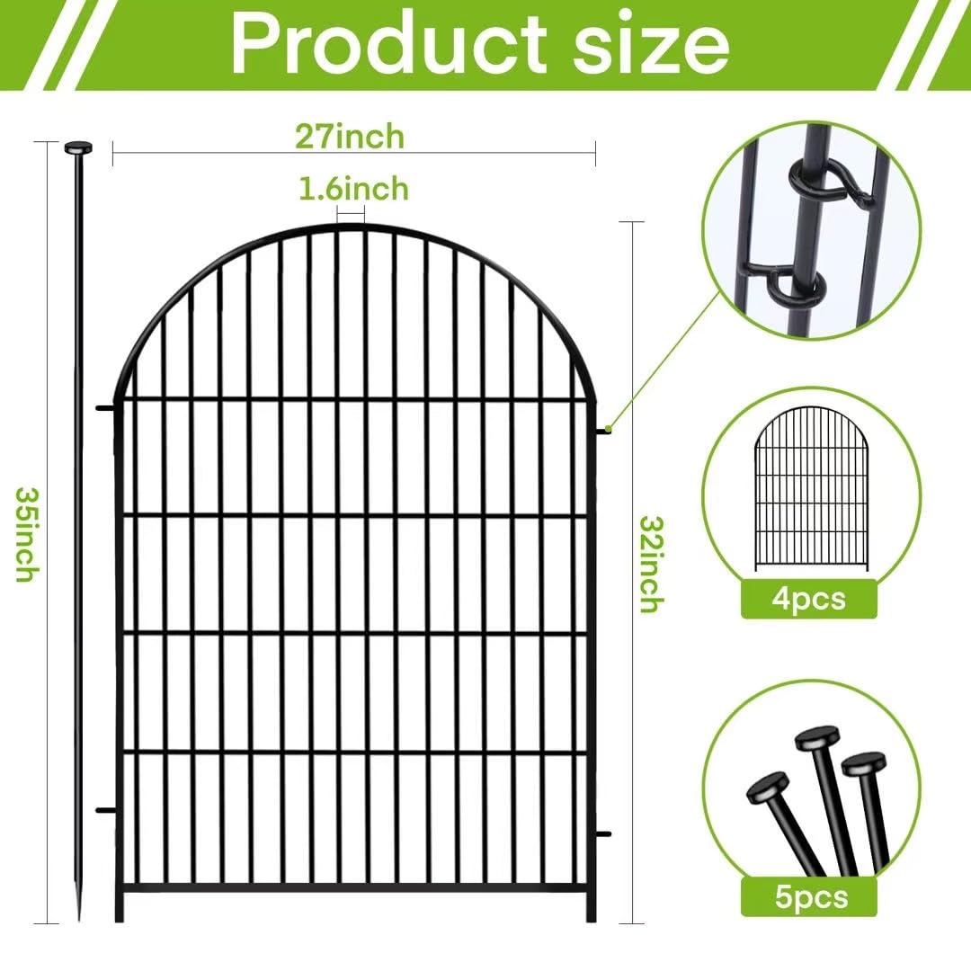 Adavin 32 Inch Tall x 8.8 Ft Long Heavy Duty Metal Garden Fence - 4 Panel No Dig Temporary Animal Barrier for Dogs, Yard Protection, Flower Beds, Lawn & Patio | Durable Outdoor Fencing Solution for Pets and Garden Security