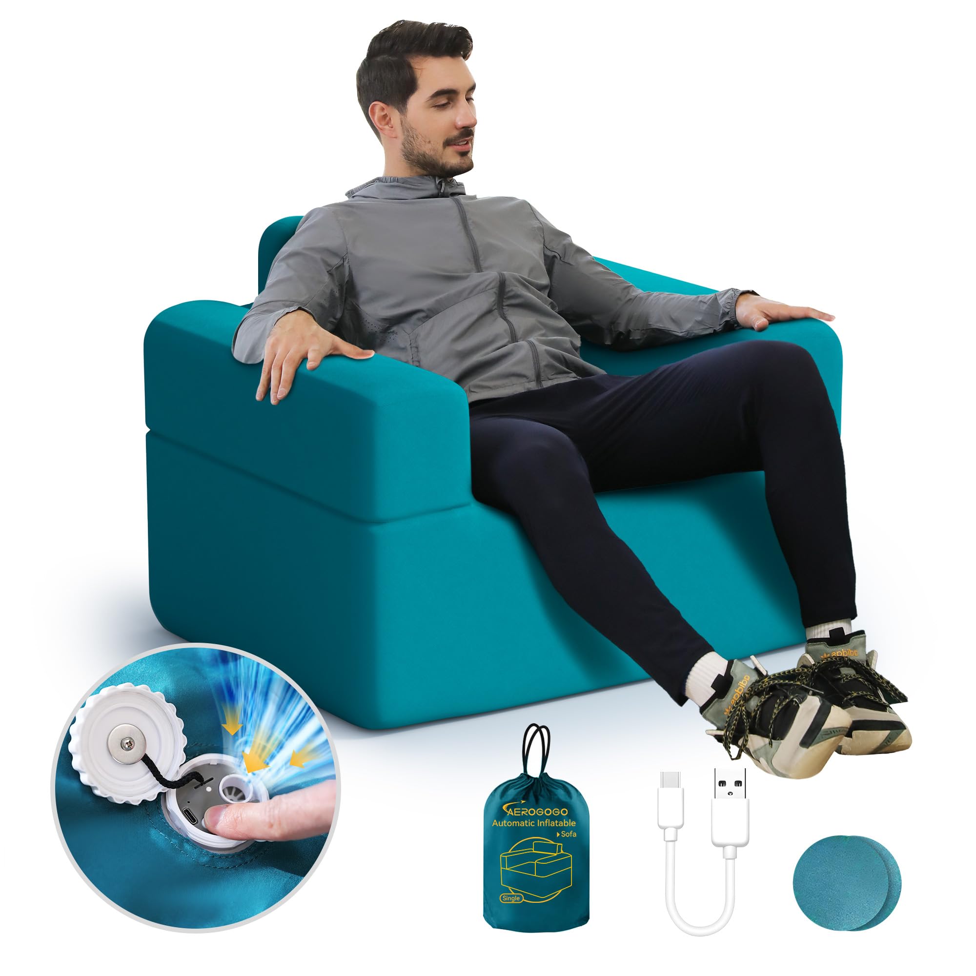 Inflatable Couch with Built-in Air Pump - Portable Self-Inflating Sofa for Camping, Beach, Picnic & Home - 4kPa High-Pressure Durable Air Couch (Armchair Style) - Perfect for Outdoor Adventures, Lounging & Small Space Living
