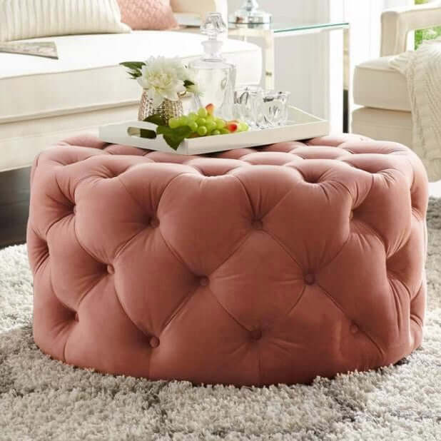 Tufted Ottoman Light Gray Velvet Coffee Table Pouf - Round Cocktail Footrest Stool for Living Room, Bedroom & Home Decor