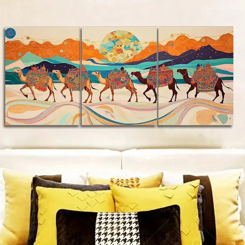 3-Piece Caravan of Camels Wall Art Set - Framed Canvas Paintings 40x60cm - High Quality Australian-Made Prints - Ready to Hang Desert Theme Decor for Living Room, Bedroom & Office
