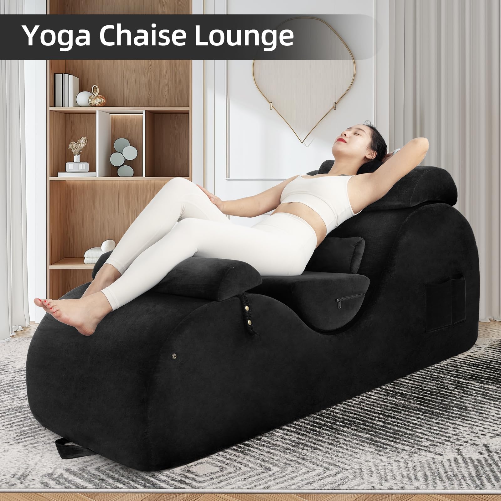 Yoga Chaise Lounge Chair with Headrest, Waist & Foot Support - Washable Cover, Side Pockets & Non-Slip Base - Perfect for Relaxation, Stretching & Home Yoga Practice