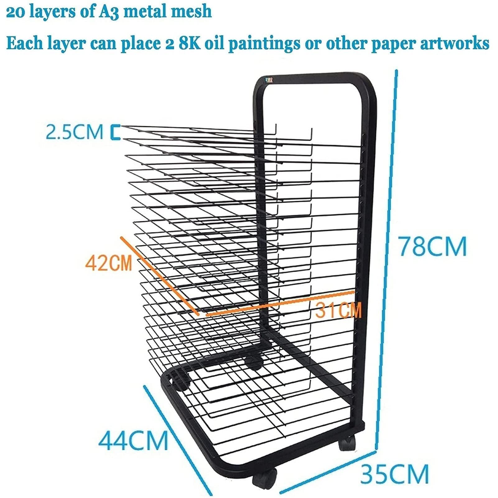 20-Shelf Mobile Drying Rack with Wire Shelves - Heavy Duty Art Studio & Classroom Drying Rack for Paintings, Drawings & Educational Projects - Black Powder Coated Finish - Perfect for Art Studios, Schools & Craft Rooms