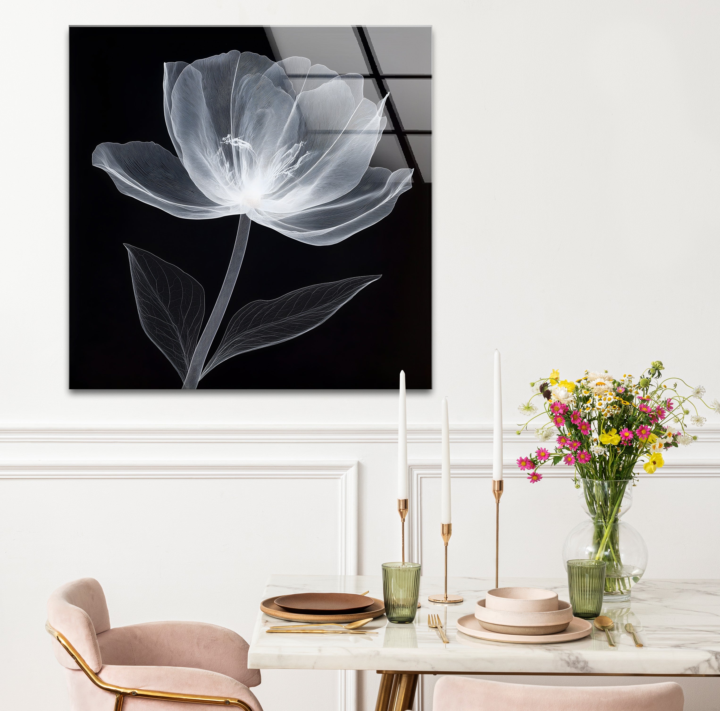 Black and White Minimal Floral Glass Wall Art - Modern Home Decor for Living Room, Bedroom & Office - Elegant Framed Glass Painting for Housewarming Gifts