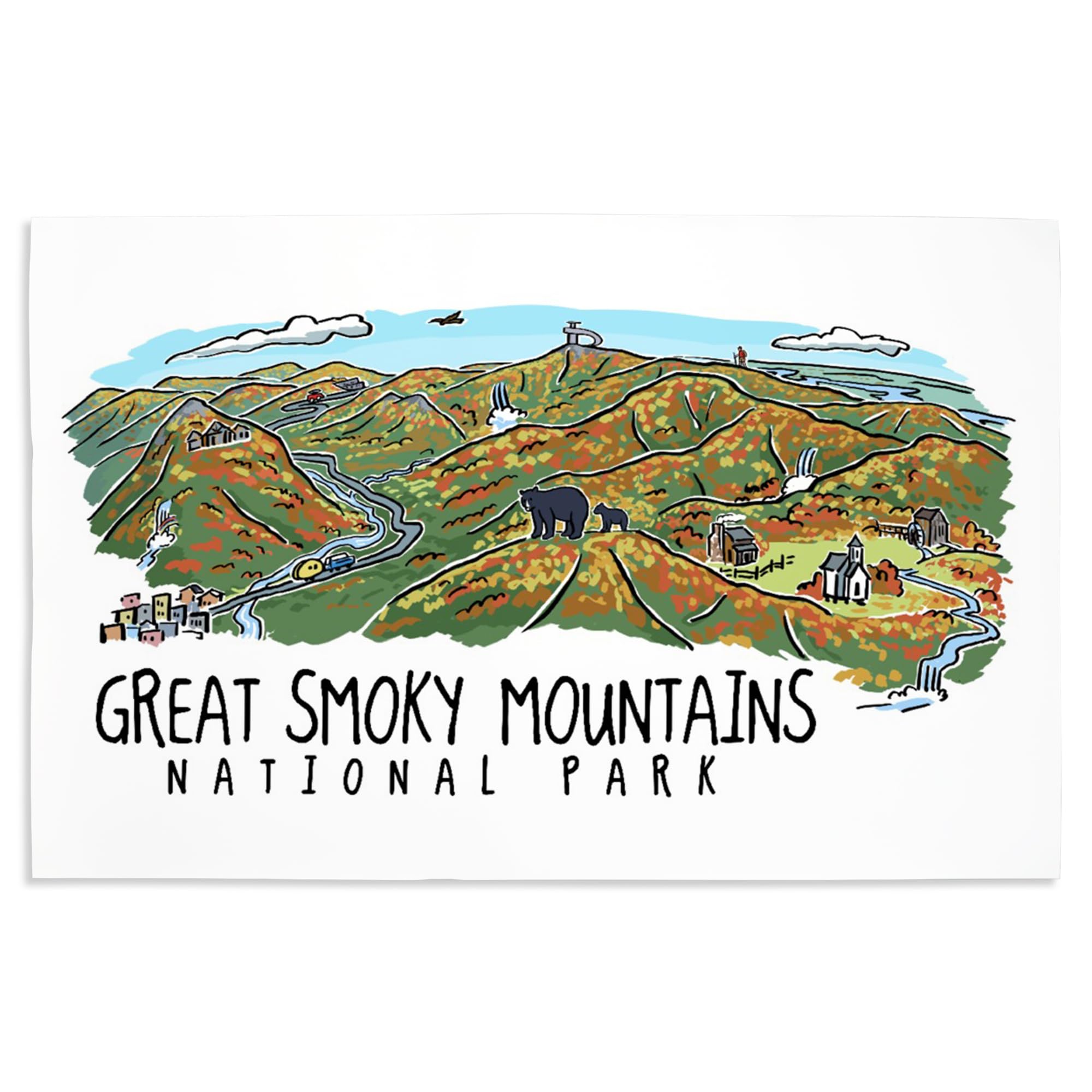 Lantern Press 16x24 Inch Giclee Art Print - Great Smoky Mountains National Park Tennessee Line Drawing Fall Version - Wall Decor for Living Room, Bedroom & Office