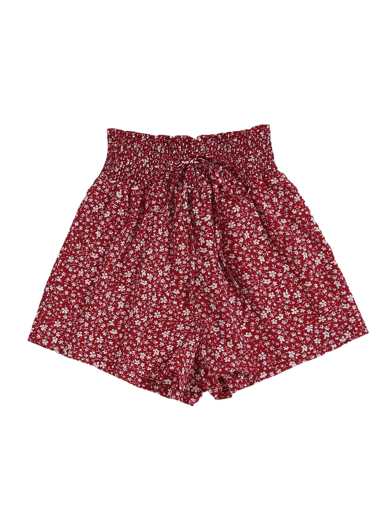 Floerns Women's Floral Print Shirred Paperbag Waist Tie Front Wide Leg Shorts - Summer Casual Shorts for Women, High Waist Stretchy Short Pants with Pockets, Perfect for Beach, Vacation & Daily Wear