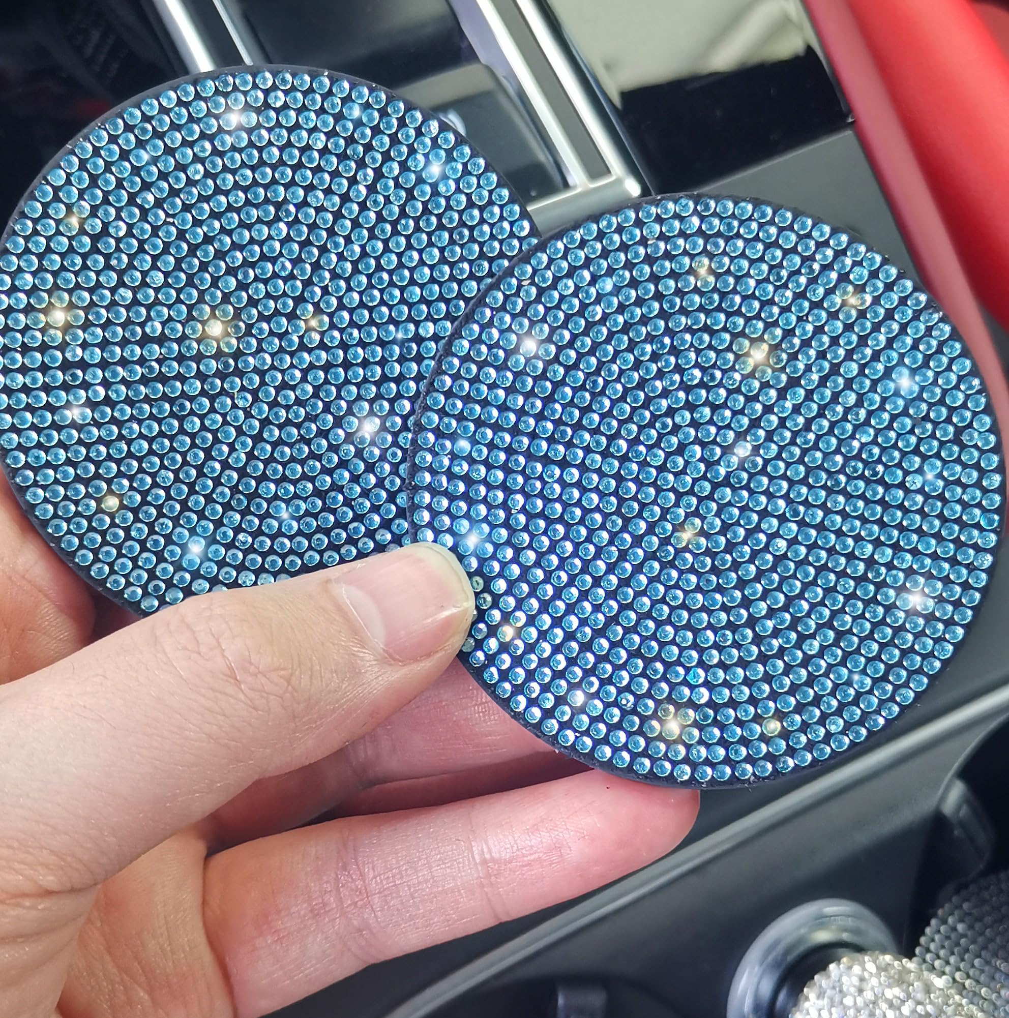 Bling Crystal Rhinestone Car Cup Holder Coasters - 2.75 Inch Anti-Slip Shockproof Universal Automotive Accessories for Women (2 Pack, Aquamarine) - Perfect for Luxury Cars, SUVs & Travel Mugs