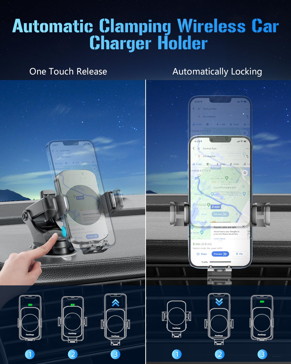 Fast Wireless Car Charger & Phone Holder - 3-in-1 Auto Clamping Mount for iPhone 16/15/14/13/12/11/XS/XR & Samsung S23 Ultra/S22/S21/S20/S10+/S9+/Note 9 - Perfect for Road Trips & Commuting