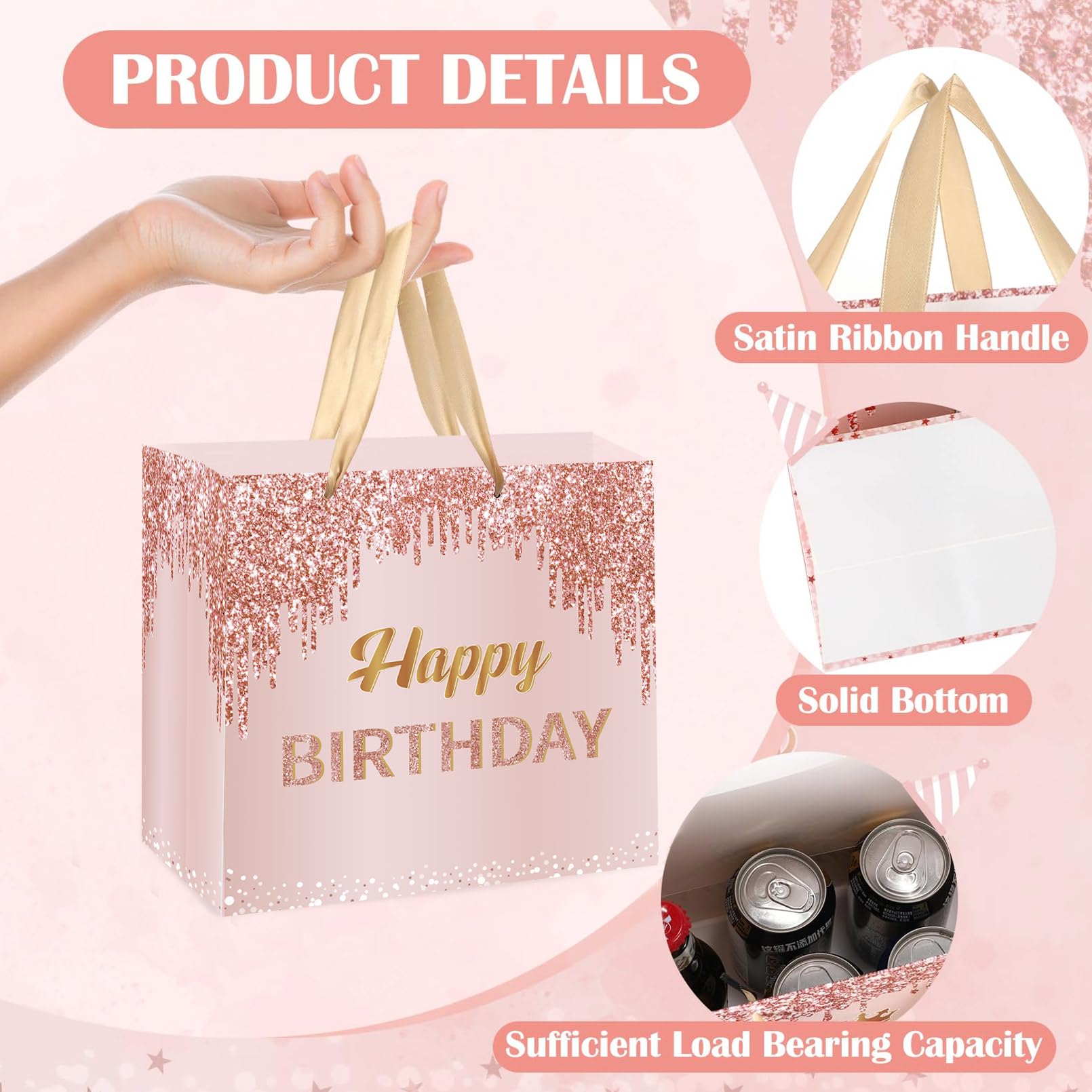 GOLDCROW 7 Inch Rose Gold Birthday Gift Bags with Tissue Paper & Card - Small Square Pink Party Favor Bags for Birthday Presents, Baby Showers, Bridal Showers & Special Occasions