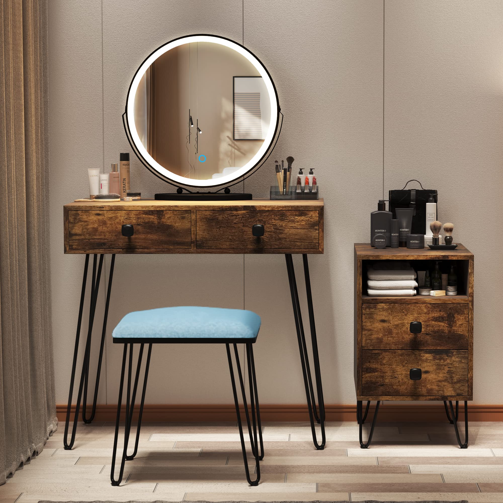 Vintage Makeup Vanity Set with Round Lighted Mirror - Rustic Brown Dressing Table for Bedroom, 2 Large Drawers & Storage Cabinet, 3-Color Dimming Mirror & Cushioned Stool | Perfect for Makeup Application, Skincare Routine & Bedroom Decor