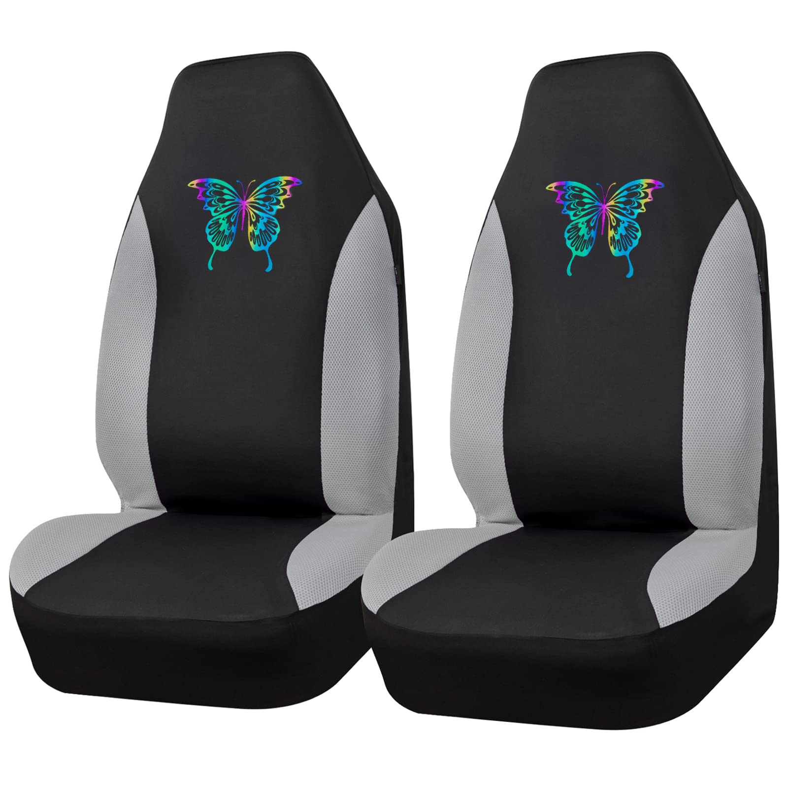 CAR PASS Reflective Colorful Butterfly Front Seat Covers - Universal Bucket Seat Covers with Gray 3D Air Mesh, 100% Breathable & Airbag Compatible - Fits Cars, Trucks & SUVs (Black/Gray) - Perfect for Daily Commute, Road Trips & Vehicle Protection