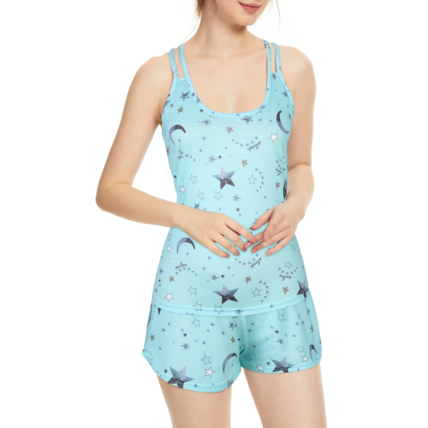 Zando Women's 2-Piece Pajama Set - Cute Cartoon Print Sleeveless Tank Top & Soft Shorts | Comfortable Sleepwear for Lounge, Vacation & Home Relaxation