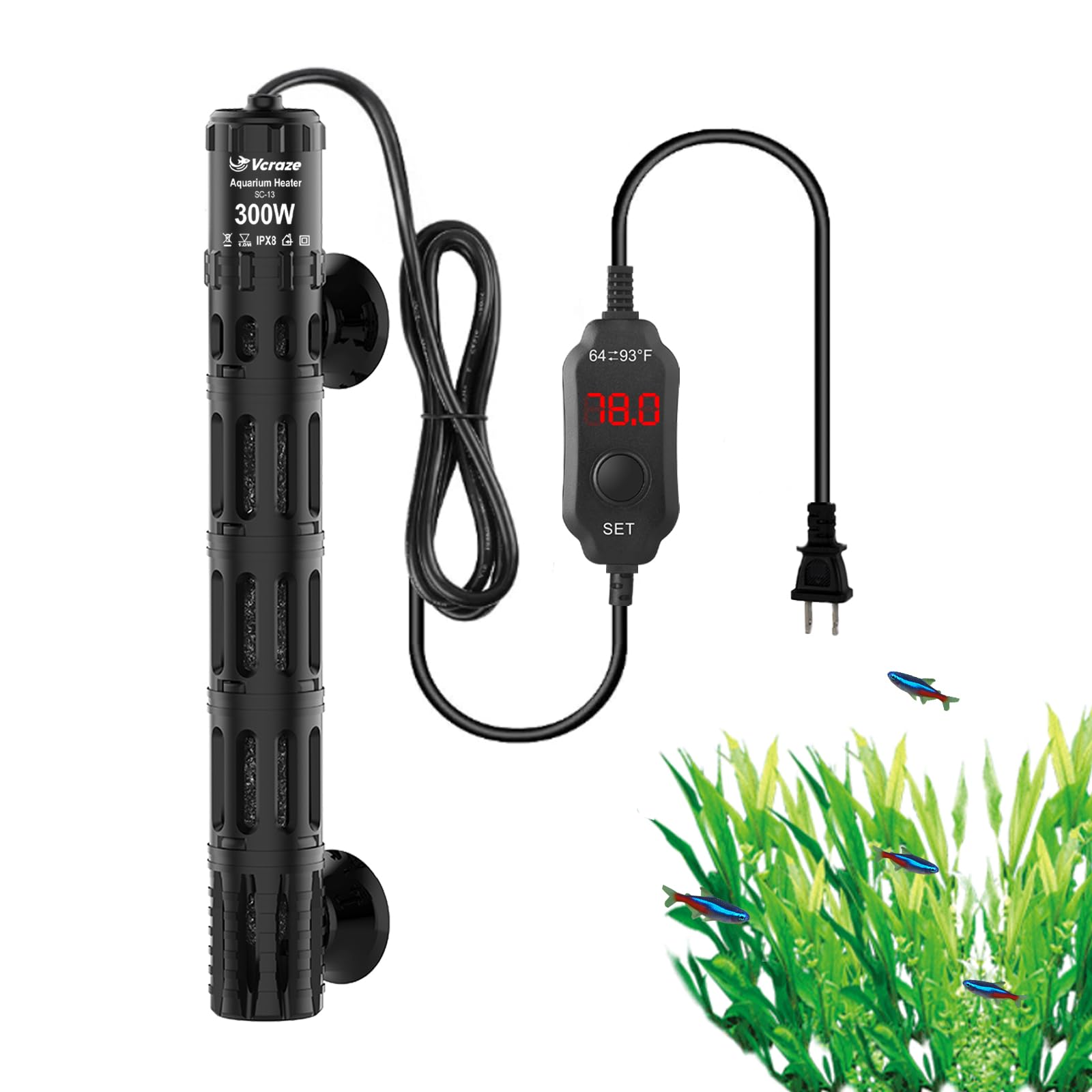 300W Submersible Aquarium Heater with LED Digital Display Thermostat - Adjustable Fish Tank Heater for 40-75 Gallon Tanks, Protective Housing for Saltwater & Freshwater Aquariums - Perfect for Tropical Fish, Betta Tanks & Marine Life