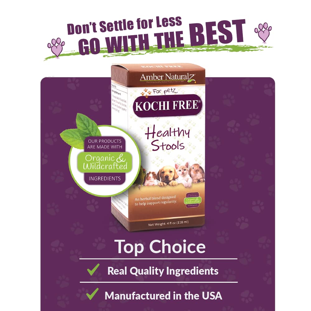 AMBER NATURALZ Kochi Free Herbal Pet Supplement for Dogs, Cats, Birds, Guinea Pigs & Rabbits | Natural Digestive Support for Healthy Stool | 4oz Glass Bottle | Made in USA | Supports Digestive Health for Small Pets at Home or Travel