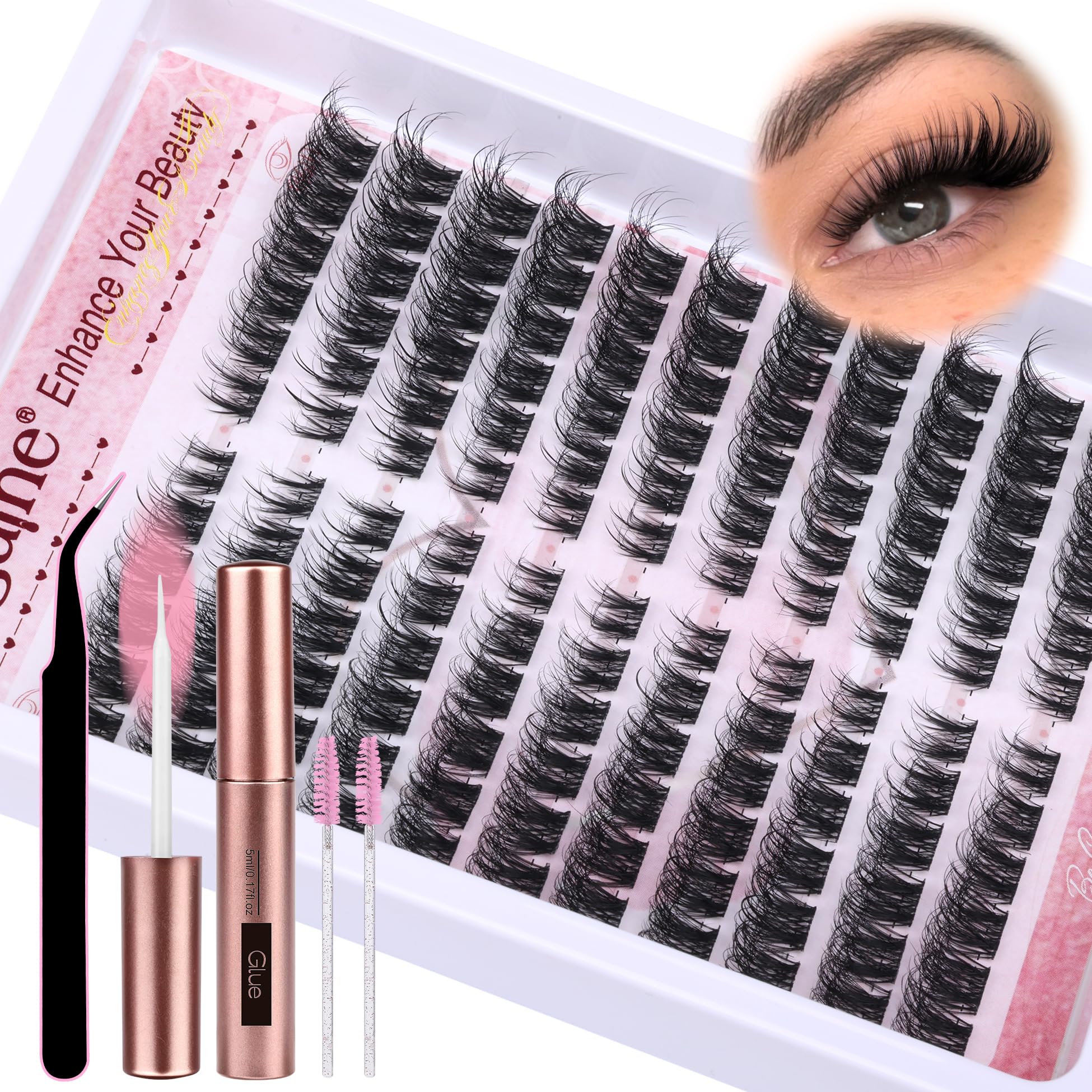 5D Fluffy Cat Eye Lashes Clusters Kit - Wispy Fox Eye Faux Mink Eyelash Extensions (11 Pairs, 8-16mm) with Lash Glue, Tweezers & Brushes - Perfect for DIY Lash Extensions, Special Occasions & Glamorous Makeup Looks