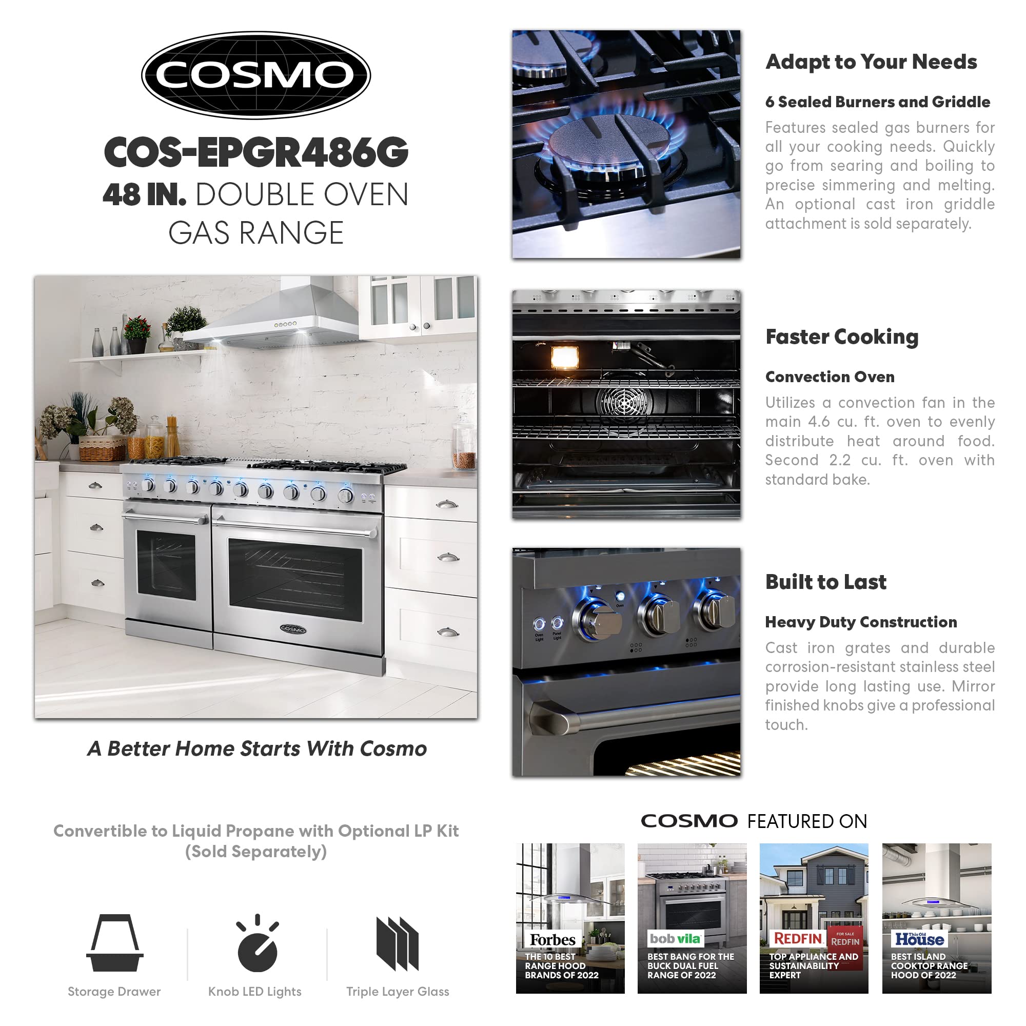 COSMO COS-EPGR486G 48-Inch Stainless Steel Gas Range - 6.8 cu. ft. Double Oven, 6 Burners with Griddle & Convection - Knob LED Lights - Perfect for Large Family Kitchens & Holiday Cooking