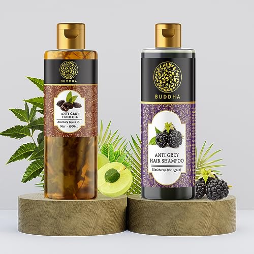 Buddha Natural Hair Oil and Shampoo Set for Grey Hair Control - Anti-Greying Treatment with Revitalizing Formula - Hair Growth Oil (150ml) & Shampoo (200ml) - Perfect for Men and Women with Premature Grey Hair at Home or Salon Use