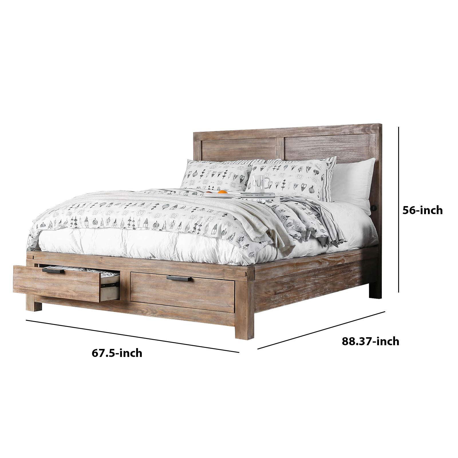Benjara Queen Size Bed Frame with Storage Drawers and Upholstered Headboard - Solid Wood Oak Brown Finish | Perfect for Small Bedrooms, Guest Rooms & Modern Home Decor
