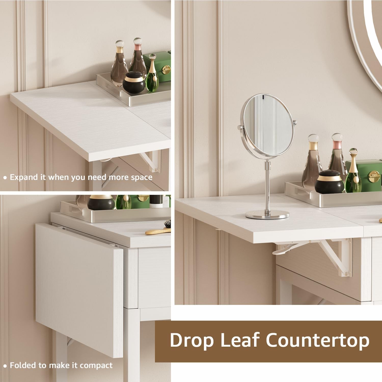 Modern White Small Makeup Vanity Desk Set with Wood Drawers & Stool - Foldable Countertop, Built-in Outlets - Perfect for Bedroom, Dressing Room & Apartment Beauty Space