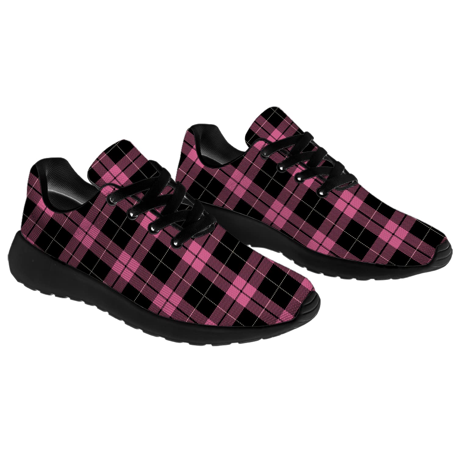Men's & Women's Plaid Running Shoes - Buffalo Black Pink Tartan Check Sneakers for Walking, Tennis & Casual Wear - Size 10.5 Men/12 Women (Black & Pink) - Perfect Gifts for Boys & Girls - Ideal for Jogging, Gym Workouts & Everyday Fashion