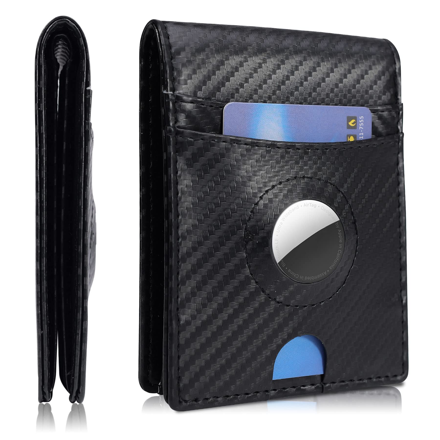 Slim RFID Blocking Bifold Wallet for Men with AirTag Holder - Minimalist Front Pocket Wallet with ID Window & Carbon Fiber Design - Perfect for Travel, Business & Everyday Use - Great Gift for Men