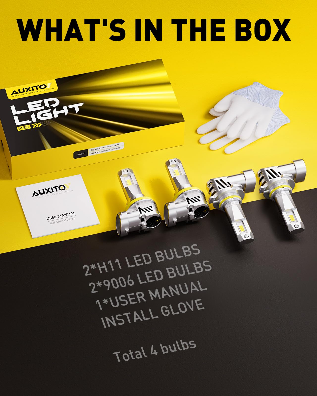 AUXITO 9005/HB3 H11/H8/H9 LED Bulbs Combo - 2024 Upgraded M3S, 800% Brighter 6500K Cool White, 1:1 Mini Size, Plug and Play - Perfect for Cars, Trucks, SUVs, and Motorcycles (Pack of 4)