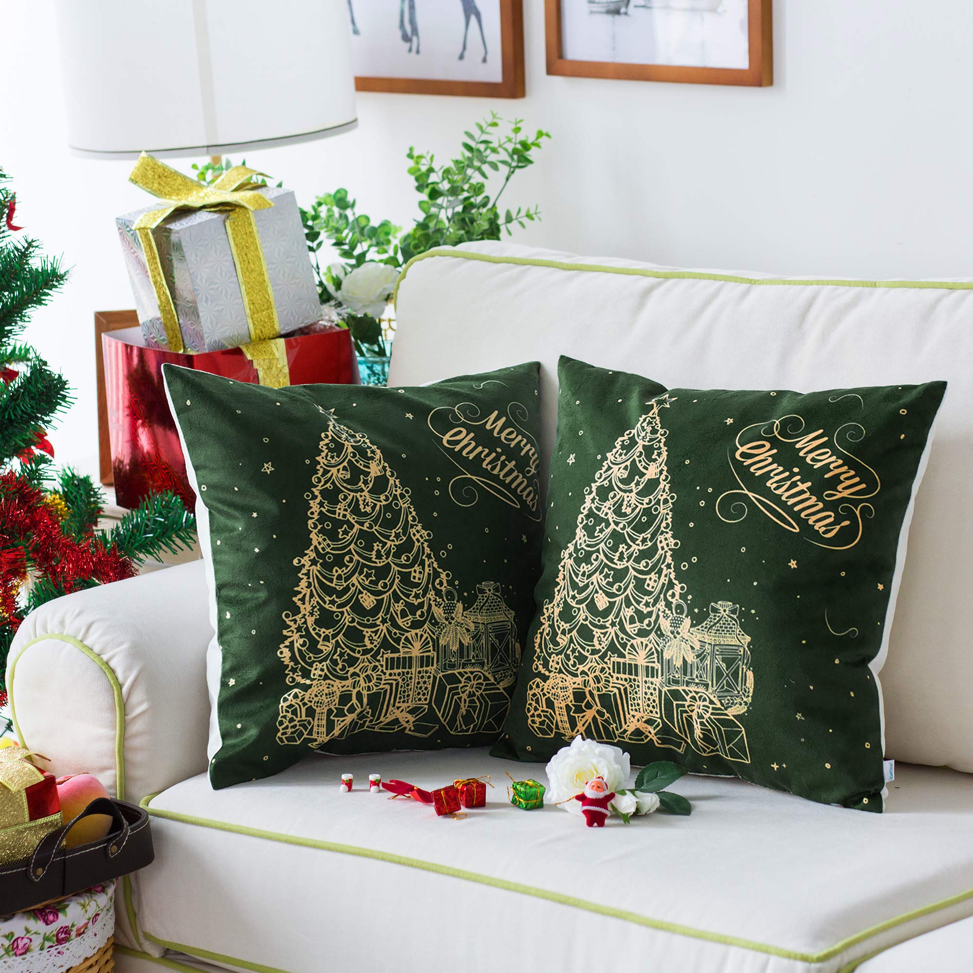 CaliTime 18x18 Inch Christmas Tree Print Fleece Throw Pillow Covers Pack of 2 - Soft Cozy Decorative Cushion Covers for Sofa, Couch, Bedroom - Perfect Holiday Home Decor Gift (Green)