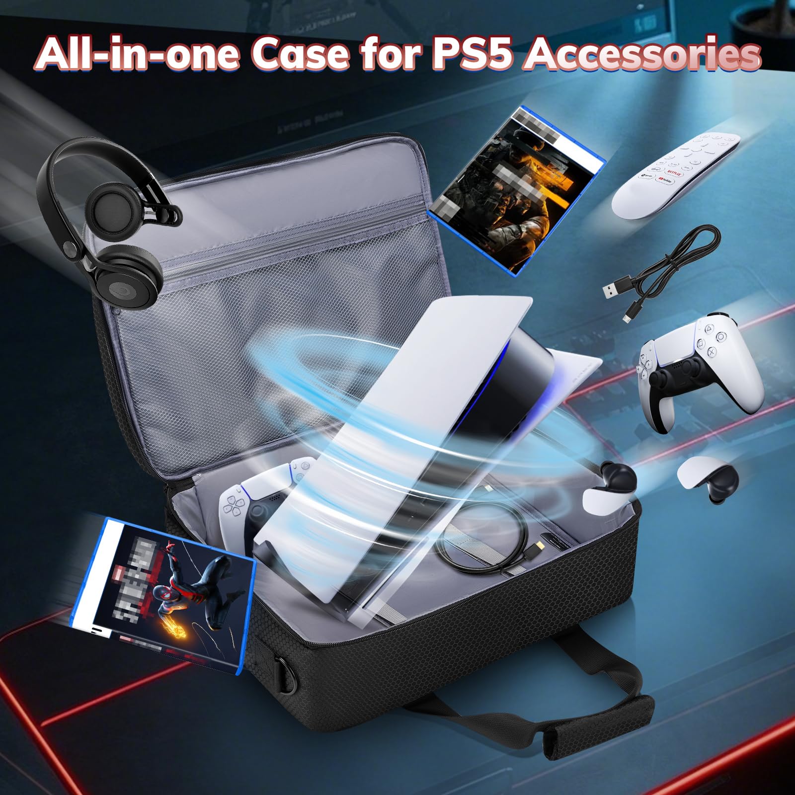 Deegotech PS5/PS5 Pro Travel Carrying Case - Protective Storage Bag for Playstation 5 Console, Disc, Controllers & Accessories | Large Capacity Gaming Organizer | Perfect for Travel, Storage & Protection (Black)