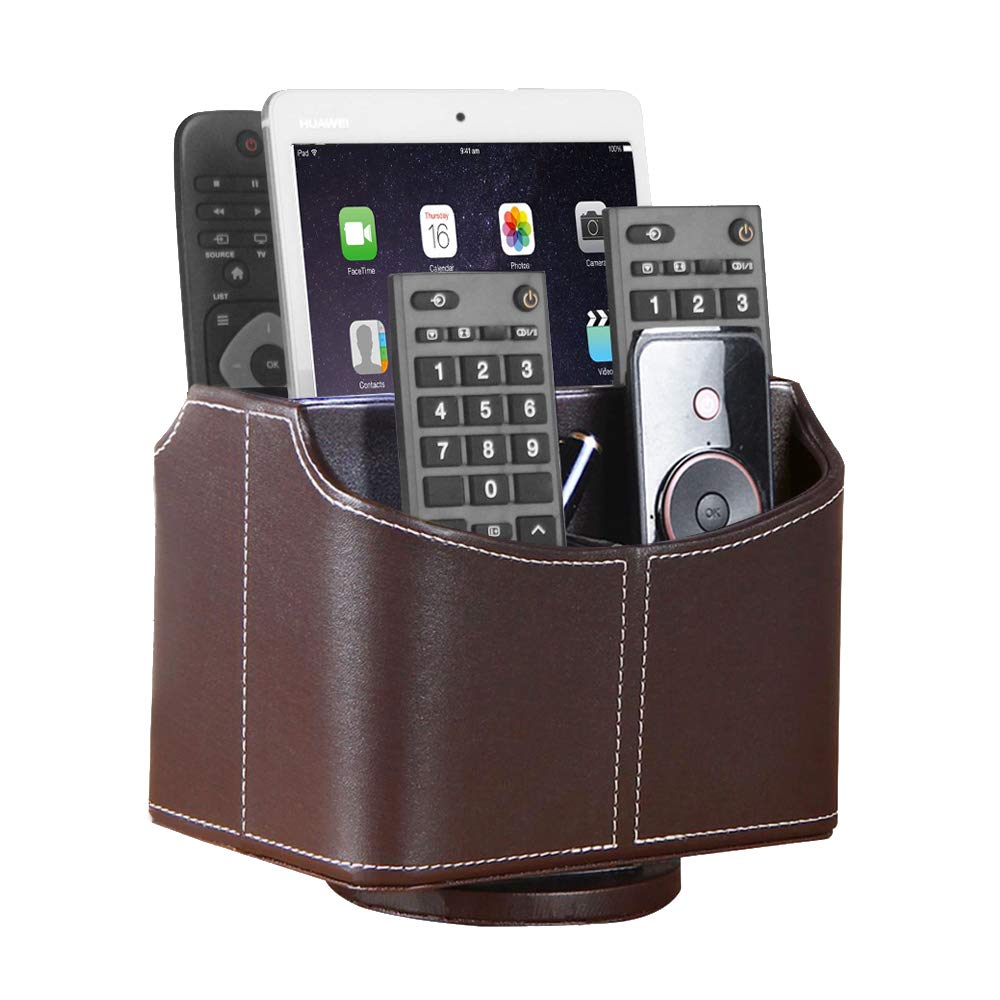 YAPISHI 360° Rotating Leather Remote Control Holder - Desk & Coffee Table Organizer for TV Remote, Controller, Phone, Pencil Storage | Perfect for Living Room, Bedroom, Office Organization