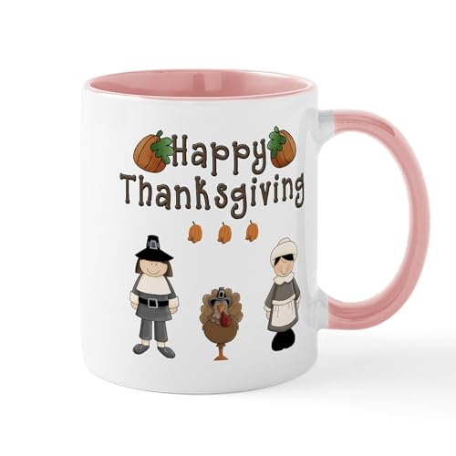 White/Pink Inside - Happy Thanksgiving Pilgrims And Turkey Mugs