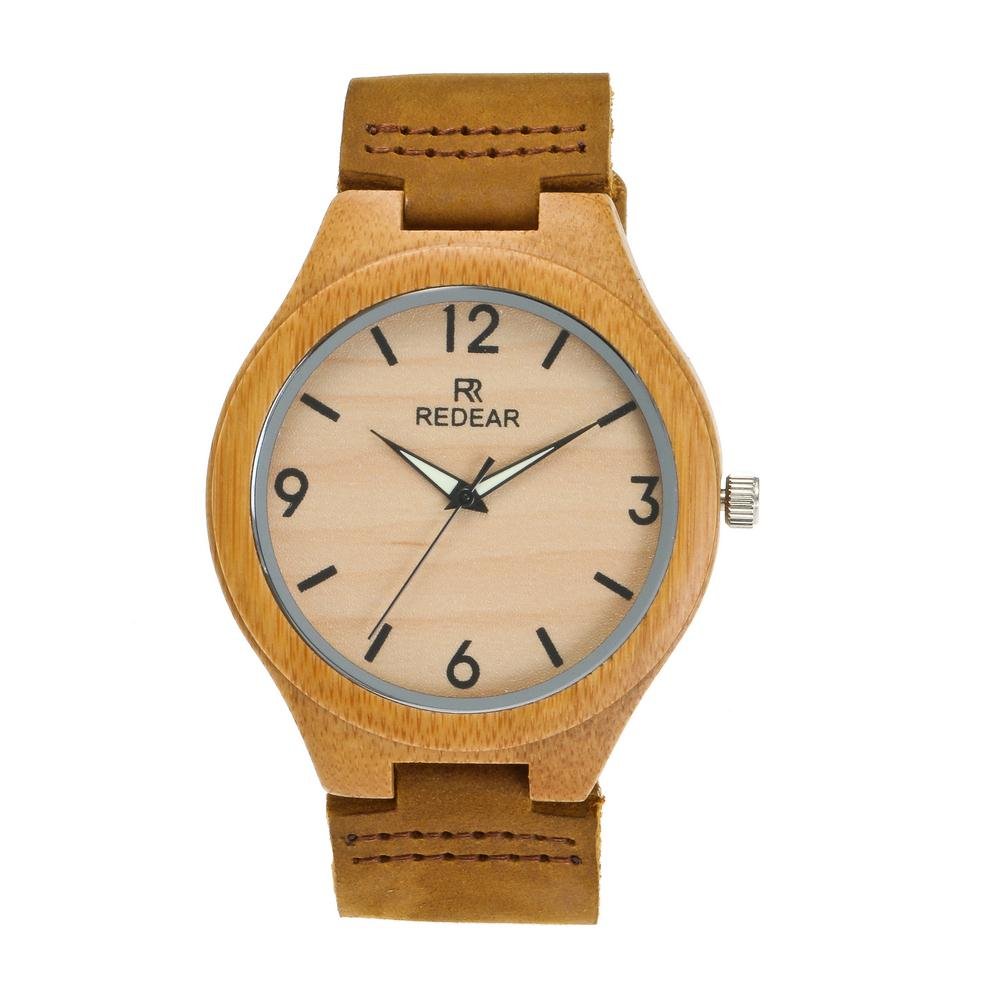 Men's Bamboo Wooden Watch - Brown Leather Strap, Quartz Movement for Casual & Night Use