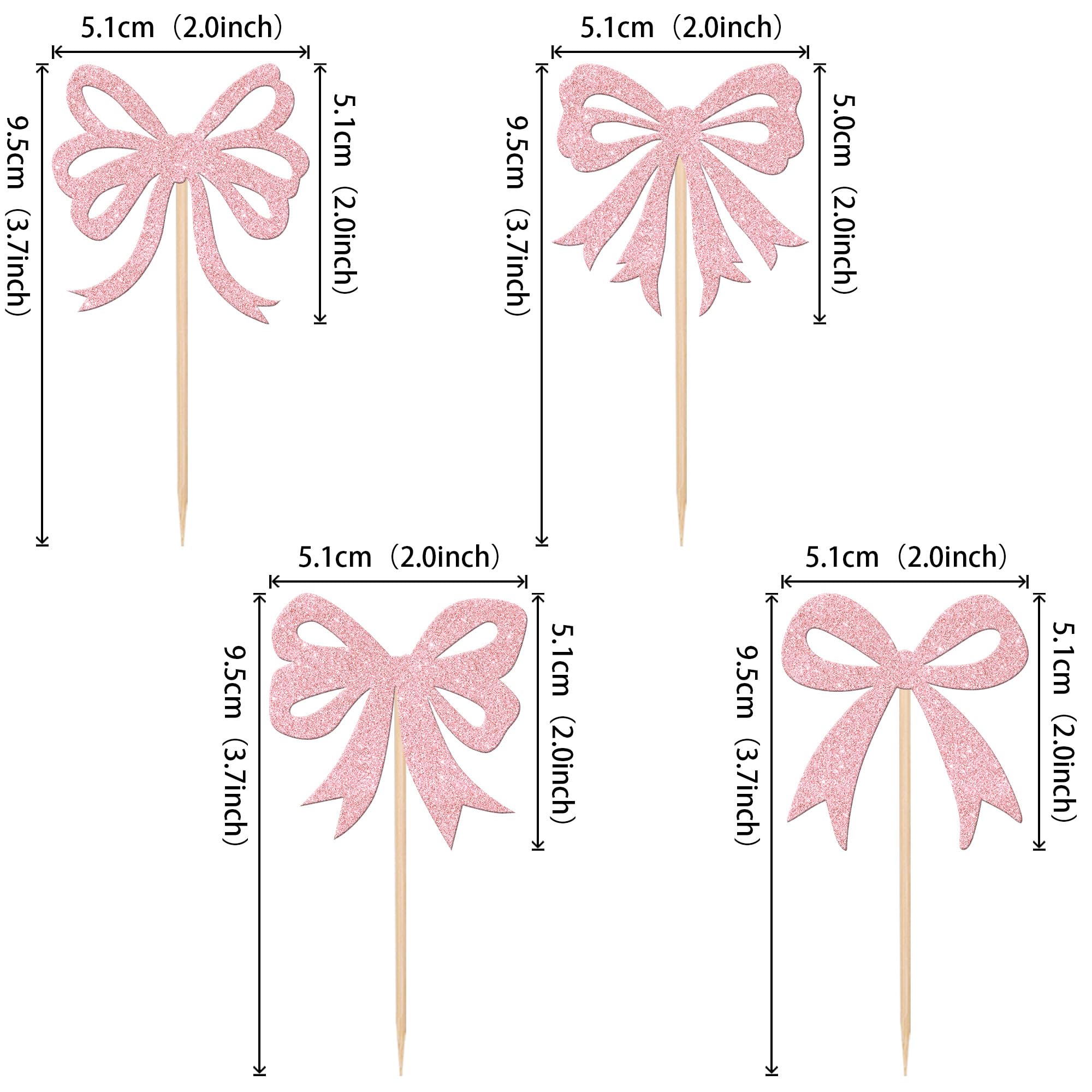 24 PCS Glitter Light Pink Bow Cupcake Toppers - Elegant Bowknot Cupcake Picks for Girls Birthday Party, Bridal Shower, Baby Shower & Bachelorette Party Decorations - Perfect for Wedding, Birthday Cakes & Dessert Table Decor