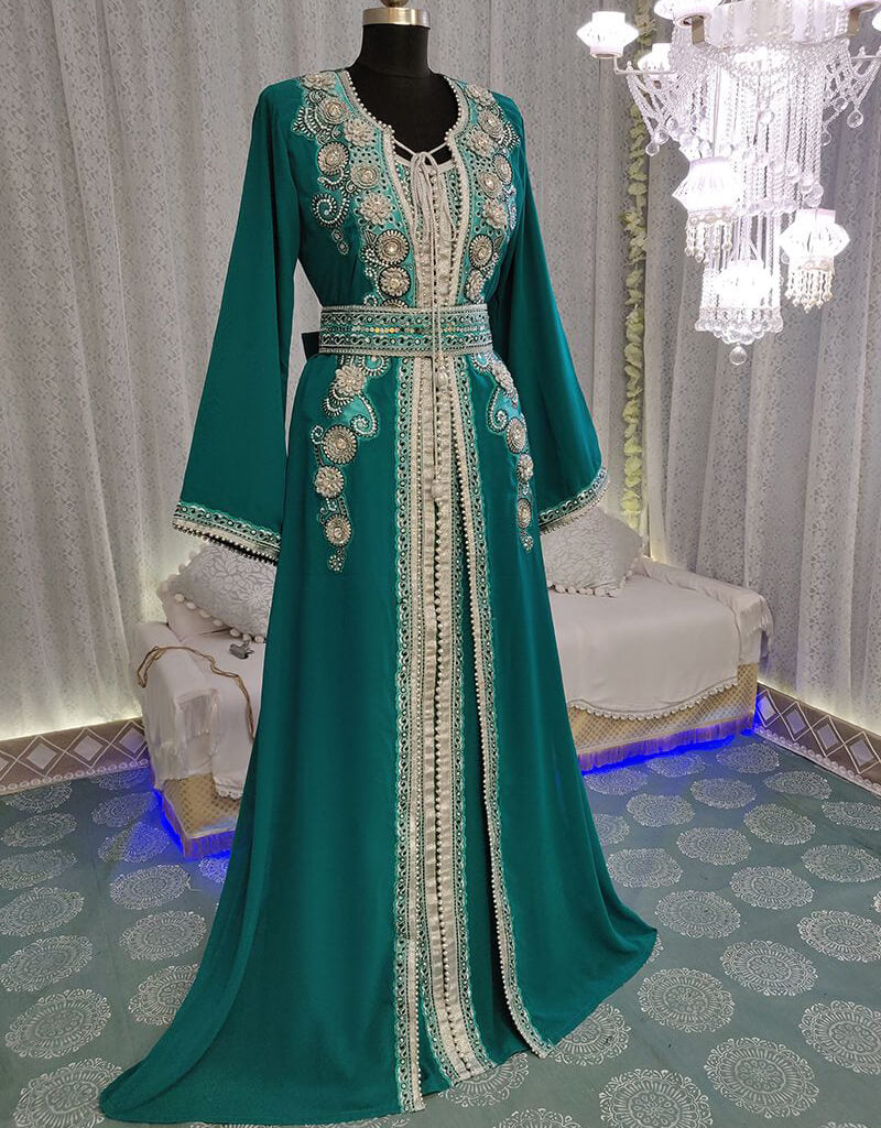 Elegant Arabic Sea Green Georgette Kaftan with Hand Embroidery - Front Open Style for Women | Perfect for Beach Cover-Up, Boho Festival, or Summer Evening Wear