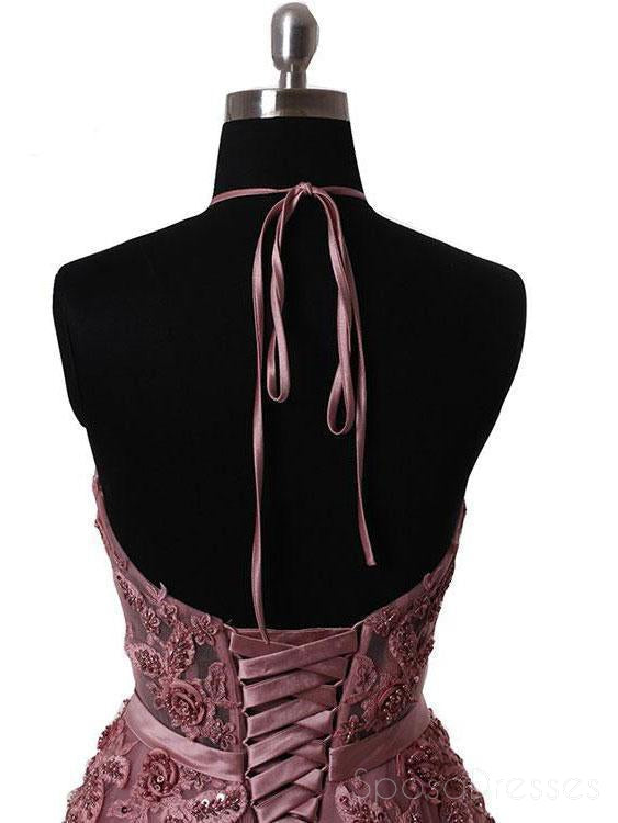 Elegant Halter Dusty Red See-Through A-Line Lace Long Evening Prom Dress - Custom Made Formal Gown for Women | Perfect for Prom Night, Homecoming, Wedding Guest & Special Occasions