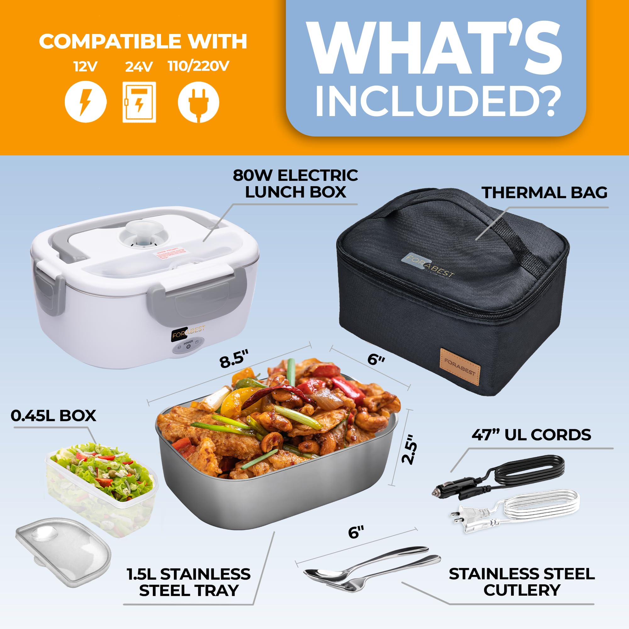 80W Electric Lunch Box for Adults - 1.5L Stainless Steel Heated Food Container, Portable Lunch Warmer for Men & Women (12V/24V Car/Truck, 110V/220V Office/Travel) - Perfect for Commuting, Road Trips & Workplace Meals