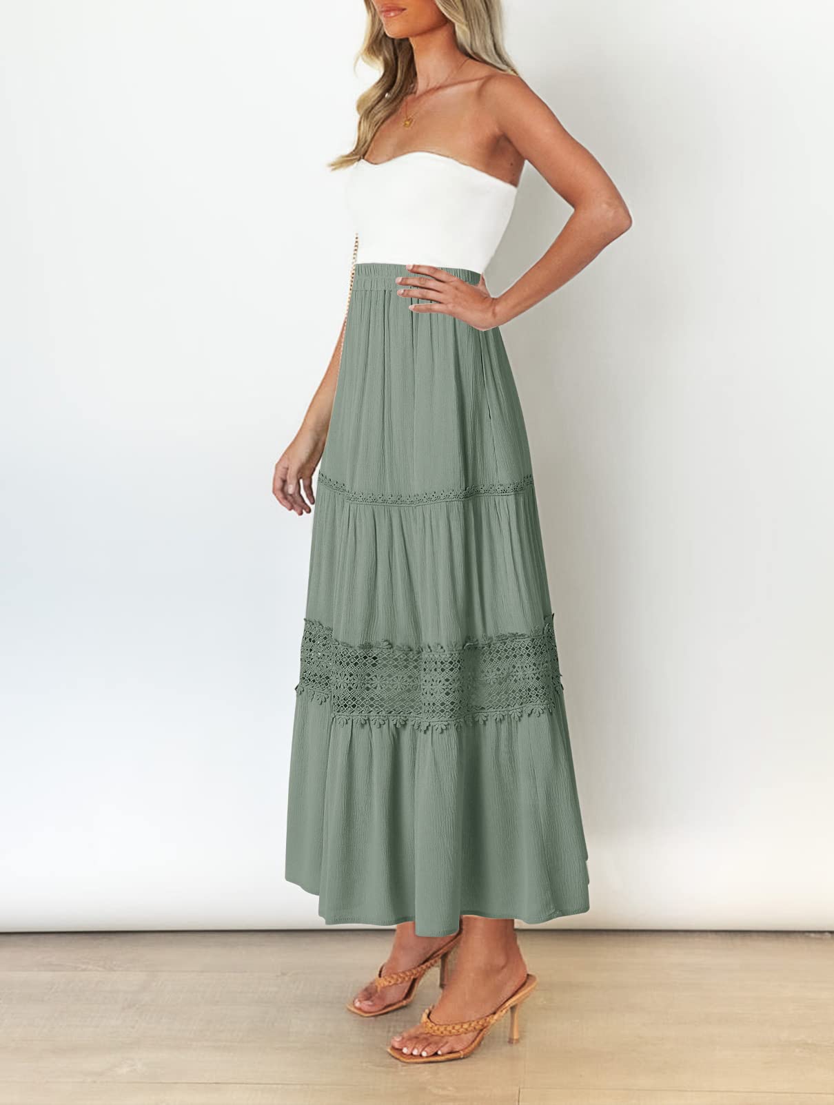 MEROKEETY Women's Boho Elastic High Waist Pleated A-line Ruffle Lace Trim Tiered Midi Maxi Skirt with Pockets - Perfect for Summer, Beach, Vacation & Casual Outfits