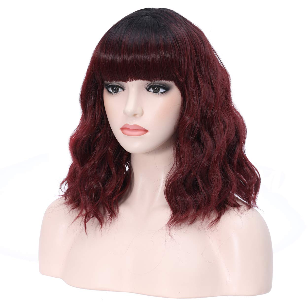 incohair 14 Inch Black to Wine Red Ombre Short Curly Bob Wig - 2 Tone Synthetic Hair for Cosplay, Parties & Daily Wear (Wig Cap Included) | Perfect for Halloween, Costume Events & Themed Parties