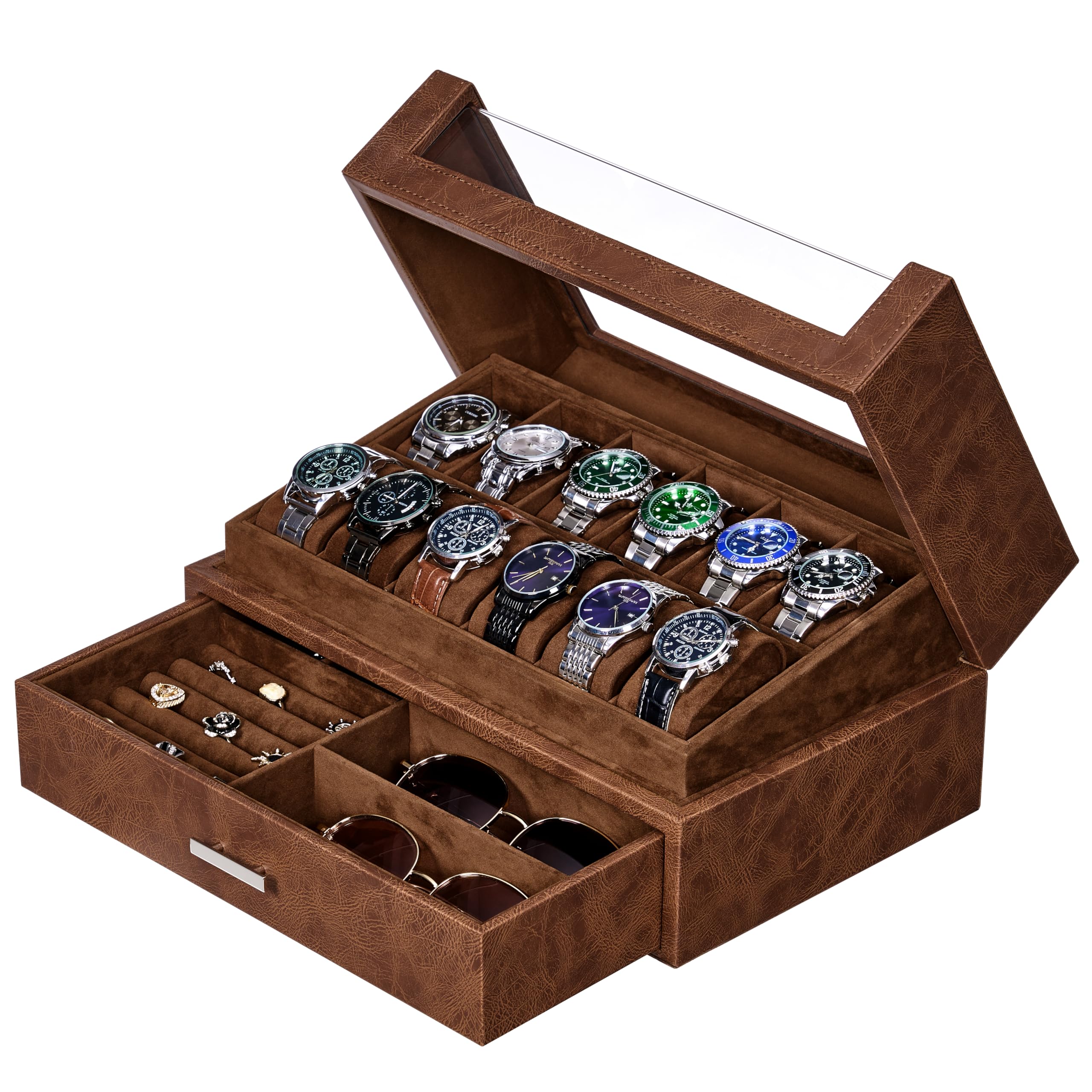 BEWISHOME 12 Slot Luxury Watch Box Organizer with Clear Acrylic Lid - Wooden Watch Display Case for Men, Jewelry & Sunglasses Storage (Brown SSH22Z) - Perfect for Watch Collectors, Gift Giving & Home Décor