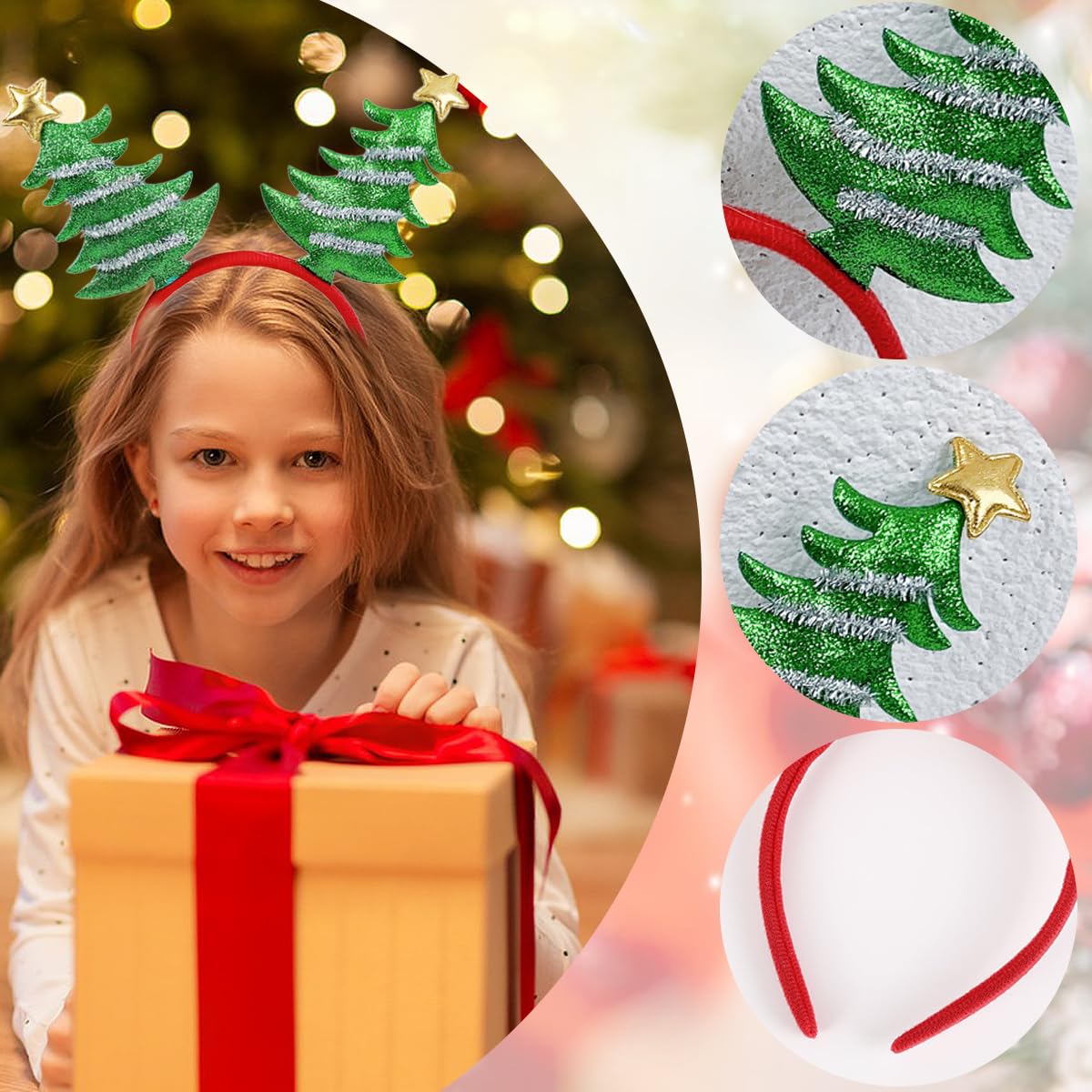 Christmas Headbands for Women - Glitter Powder Hair Hoop with Golden Star & Green Red Christmas Tree Design | Festive Hair Accessories for Women & Girls | Perfect for Christmas Parties, Holiday Gatherings & Festive Celebrations