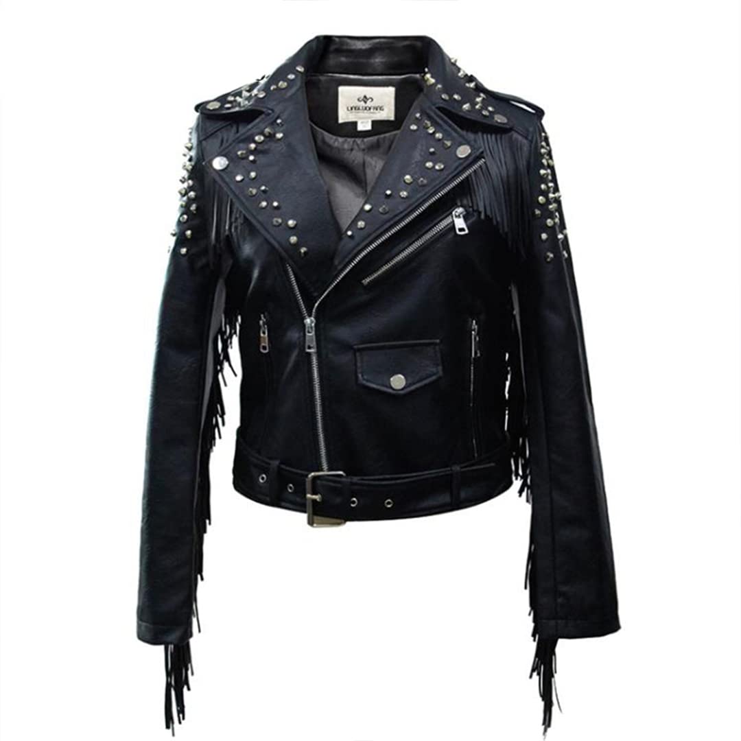 Women's Punk Style Tassel Leather Jacket with Rivets - Biker Coat PU Long Sleeve Black Zipper Outerwear for Motorcycle Riding & Night Out