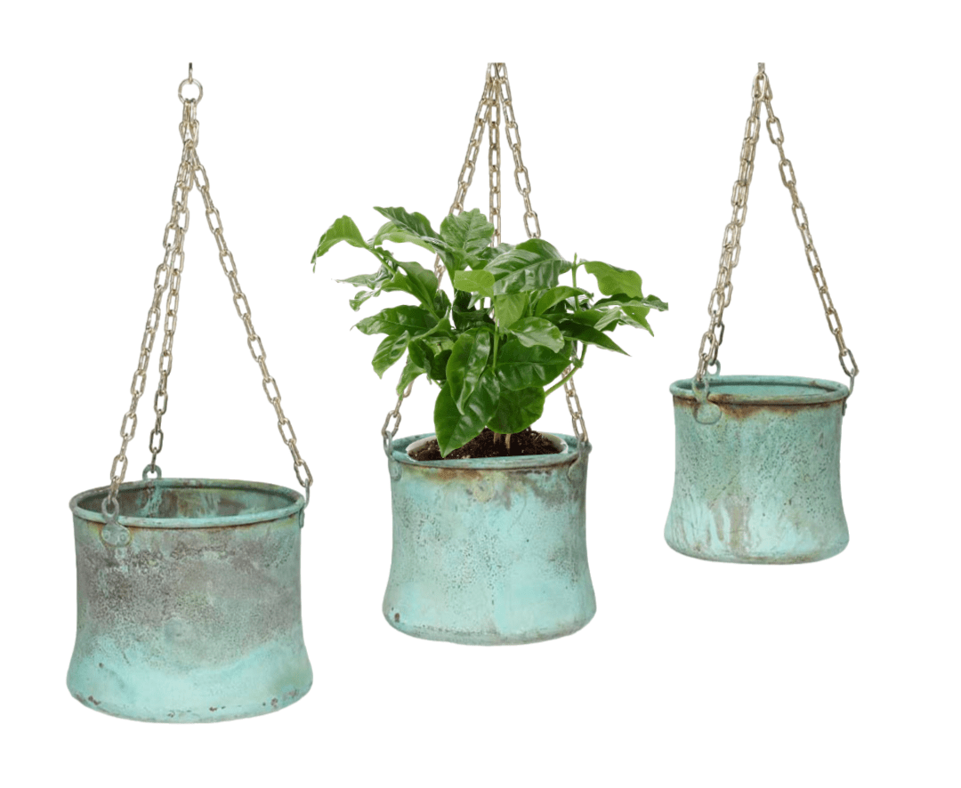 Verdigris Hanging Copper Planters Set of 3 - Indoor Outdoor Garden Decor for Patio, Balcony, and Home Décor