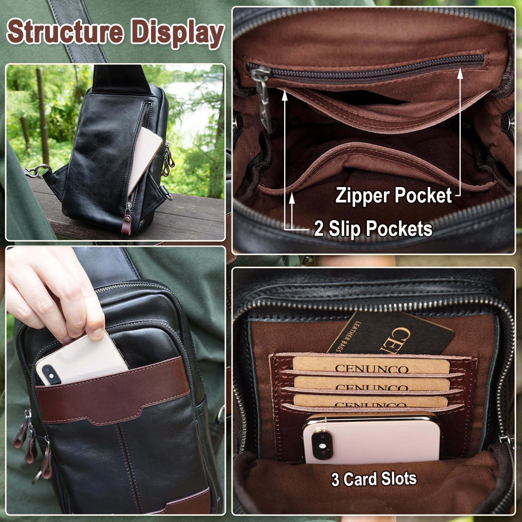 Genuine Leather Crossbody Sling Bag for Men & Women - Adjustable Shoulder Strap, Lightweight Chest Purse for Travel, Hiking & Daily Use