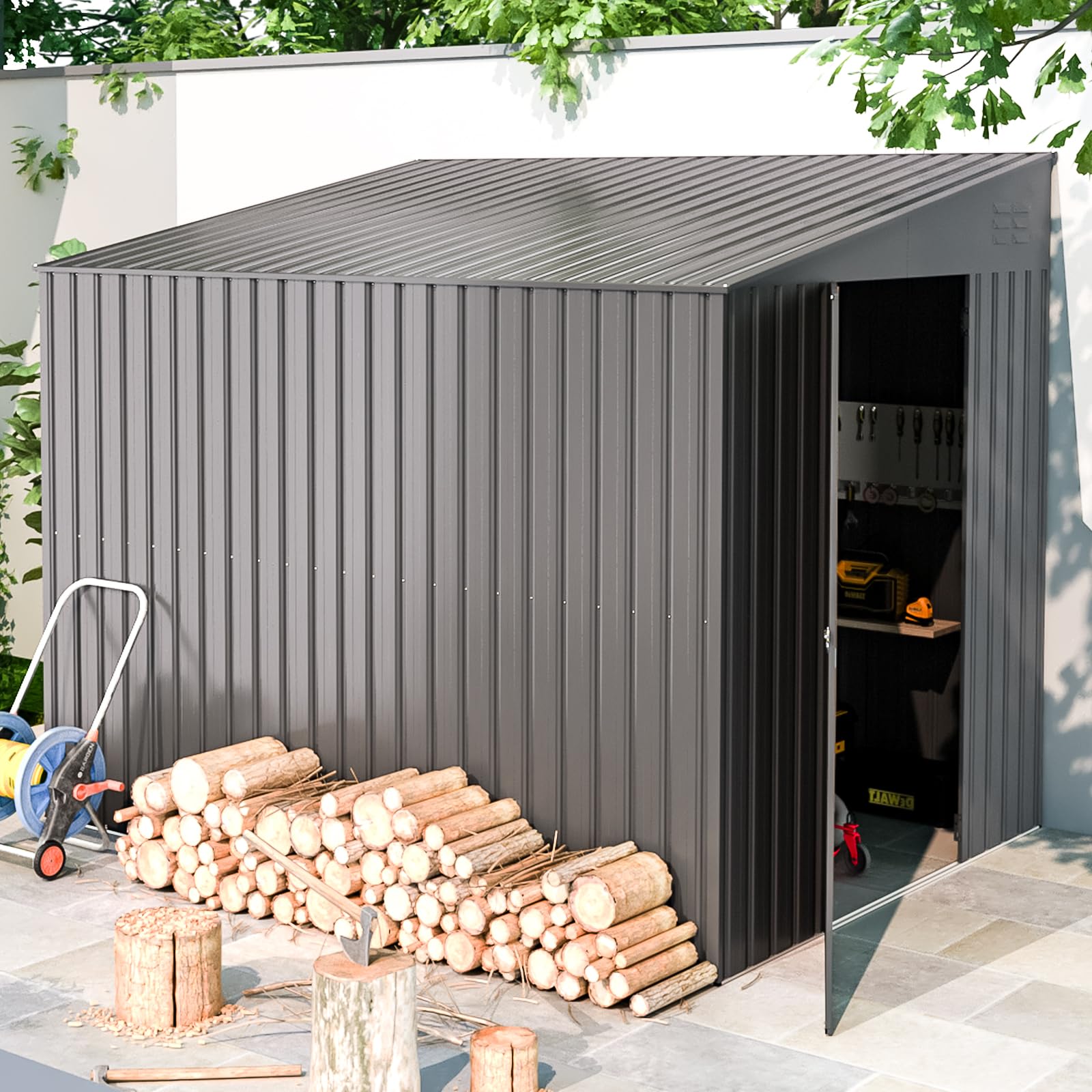 AECOJOY 6' x 8' Metal Storage Shed - Outdoor Lean-to Bike Shed, Garden Storage Cabinet for Backyard, Patio & Yard Organization | Weather-Resistant Dark Grey | Perfect for Storing Bikes, Tools & Outdoor Equipment