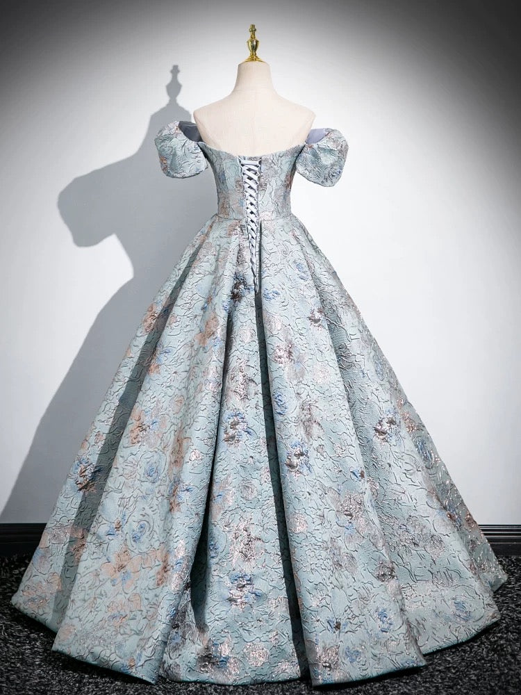 Elegant A-Line Puff Sleeves Satin Prom Dress in Gray-Blue | Long Evening Gown for Formal Events, Homecoming, Weddings & Special Occasions
