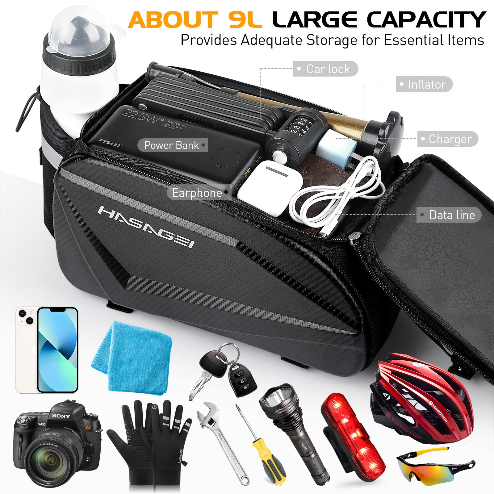 **Waterproof Bike Pannier Bag - 9L Large Capacity Bicycle Rack Bag with Rain Cover, Portable Strap & Tool-Free Installation - Durable Cycling Storage for Commuting, Travel & Outdoor Adventures**